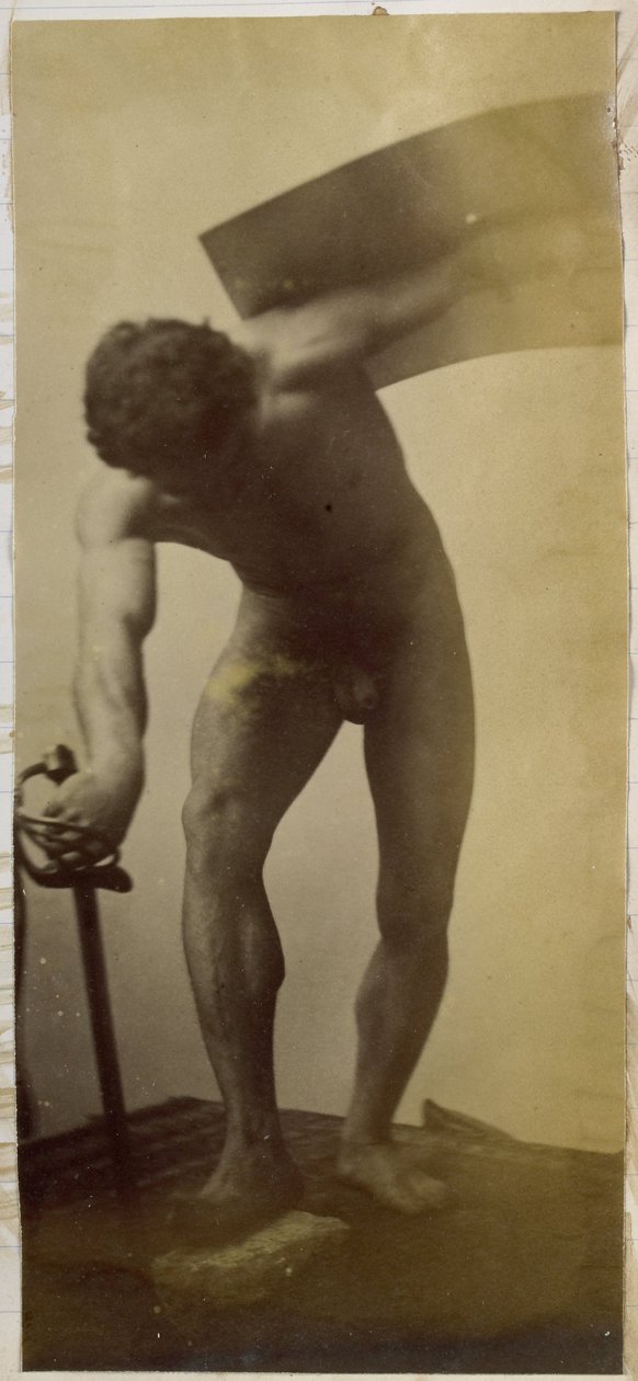 Studie van een mannelijk naaktmodel, staand gebogen met zwaard en schild in de handen door Jacques Lalaing (attributed to)