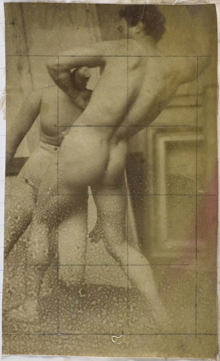 Studie van een mannelijk naaktmodel, staand, op de rug gezien en worstelend met ledenpop, mogelijk voorstudie voor het schilderij De worstelaars door Jacques Lalaing (attributed to)