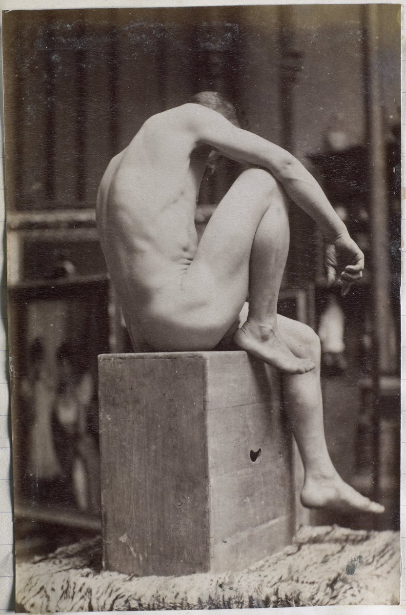 Studie van een mannelijk naaktmodel, zittend en van opzij gezien, in het atelier van Jacques de Lalaing door Jacques Lalaing (attributed to)