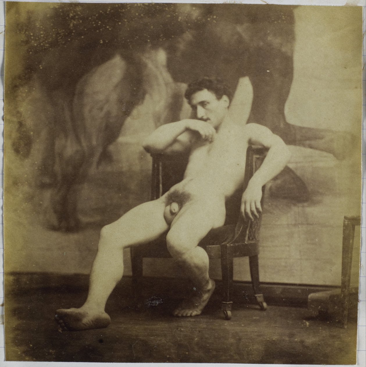 Studie van een mannelijk naaktmodel, zittend in een stoel door Jacques Lalaing (attributed to)