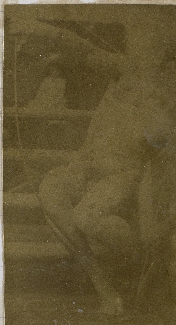 Studie van een mannelijk naaktmodel, zittend op een trapje, van voren gezien met touw en boog op schoot door Jacques Lalaing (attributed to)