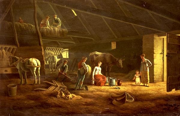 Een melkmeid, boerenknechten en ploegpaarden in een schuur door Jacques Laurent (circle of) Agasse
