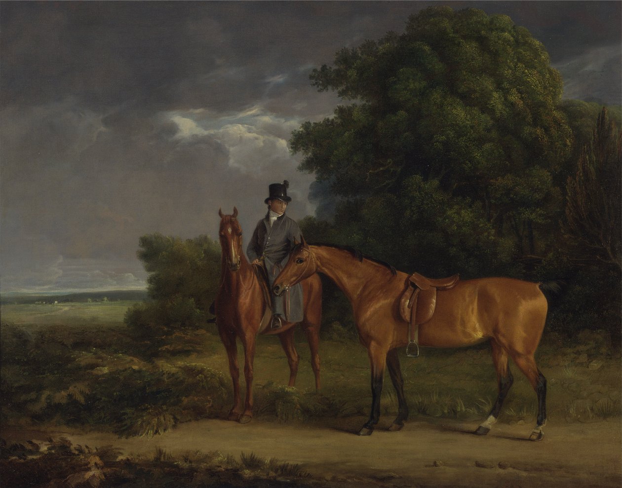 Een Staljongen op een Kastanjebruine Jager, Hij Houdt een Bruine Jager bij de Teugels door Jacques Laurent Agasse