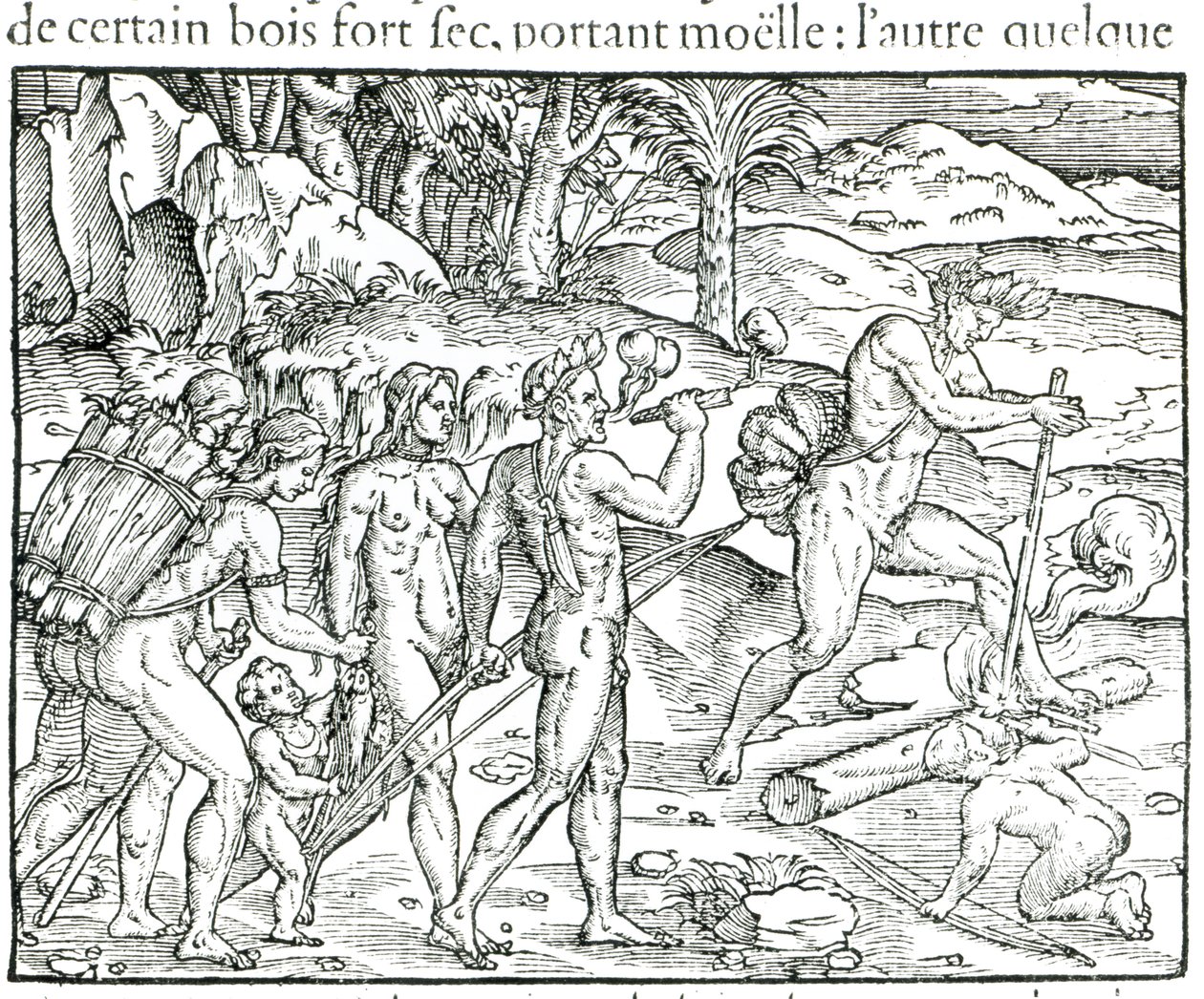 Indianen maken vuur na de jacht, gegraveerd door Theodor de Bry (1525-75) door Jacques Le Moyne