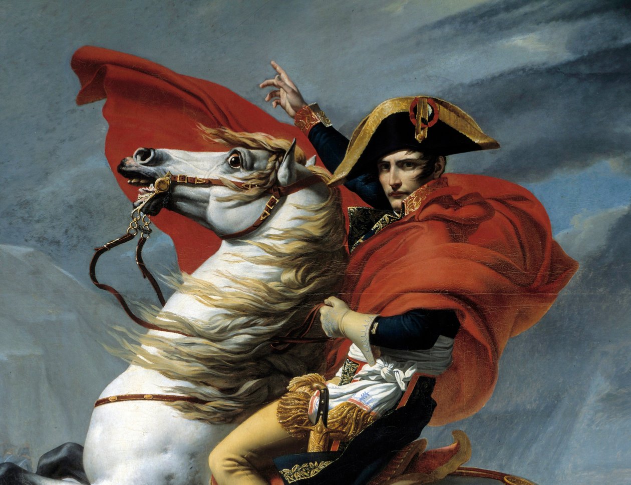De Eerste Consul Napoleon Bonaparte die de Alpen oversteekt bij de pas van de Grote Sint-Bernard in mei 1800 (detail) door Jacques Louis (after) David