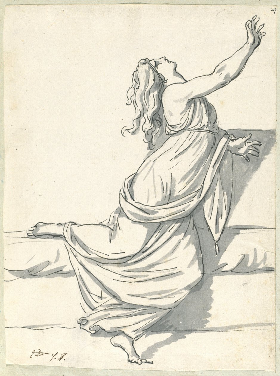 Een radeloze vrouw met haar hoofd achterover geworpen door Jacques Louis David