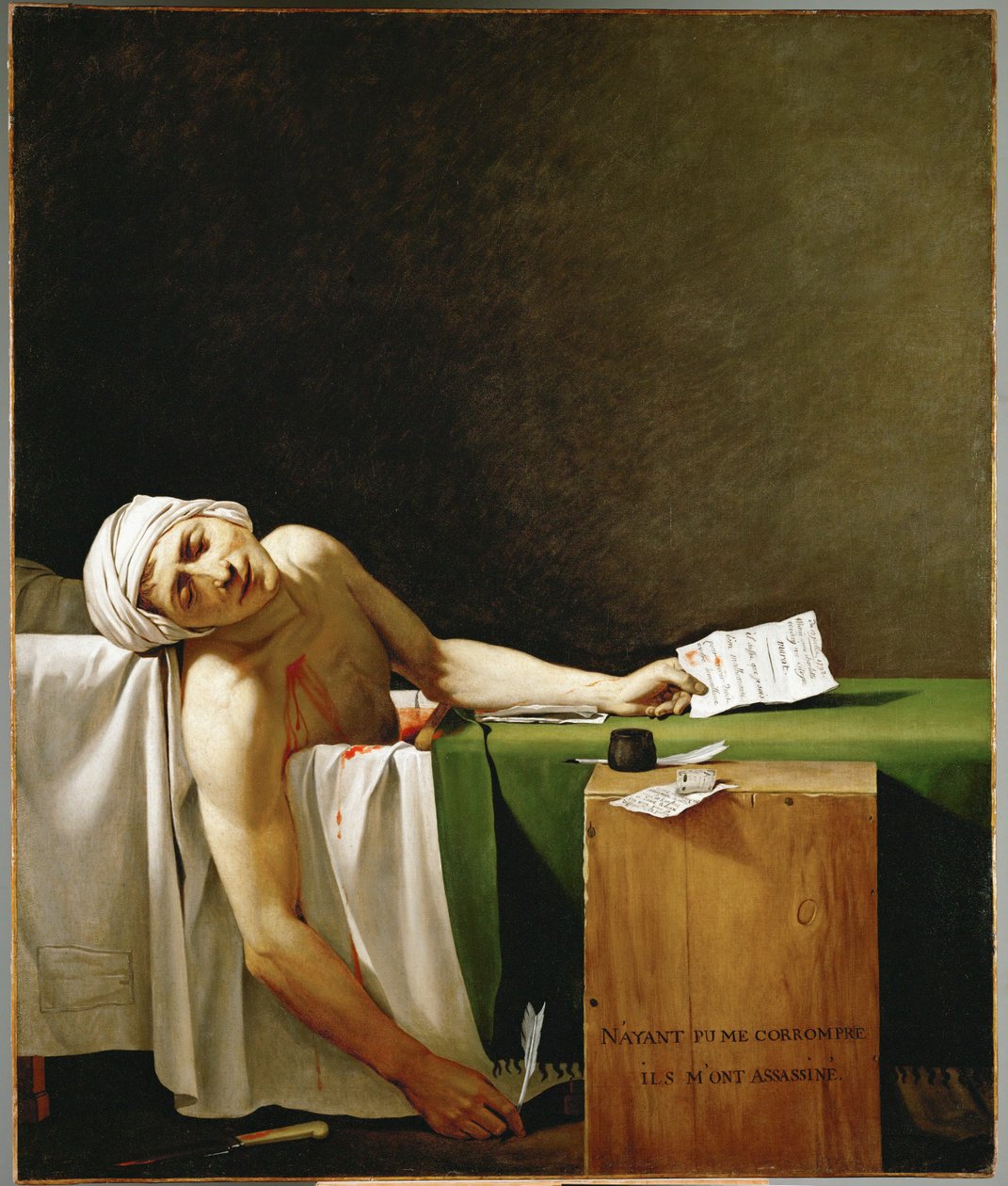 Jean Paul Marat, politicus en publicist, dood in zijn badkuip, vermoord door Charlotte Corday in ... door Jacques Louis David