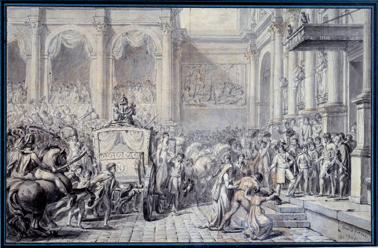 De aankomst van de koets van keizer Napoleon I (1769-1821) bij het stadhuis van Parijs op 16/12/1804 ter gelegenheid van zijn regering Tekening door Jacques Louis David (1748-1825) 1804 Zon. 0,26x0,4 m Parijs, Musée du Louvre door Jacques Louis David