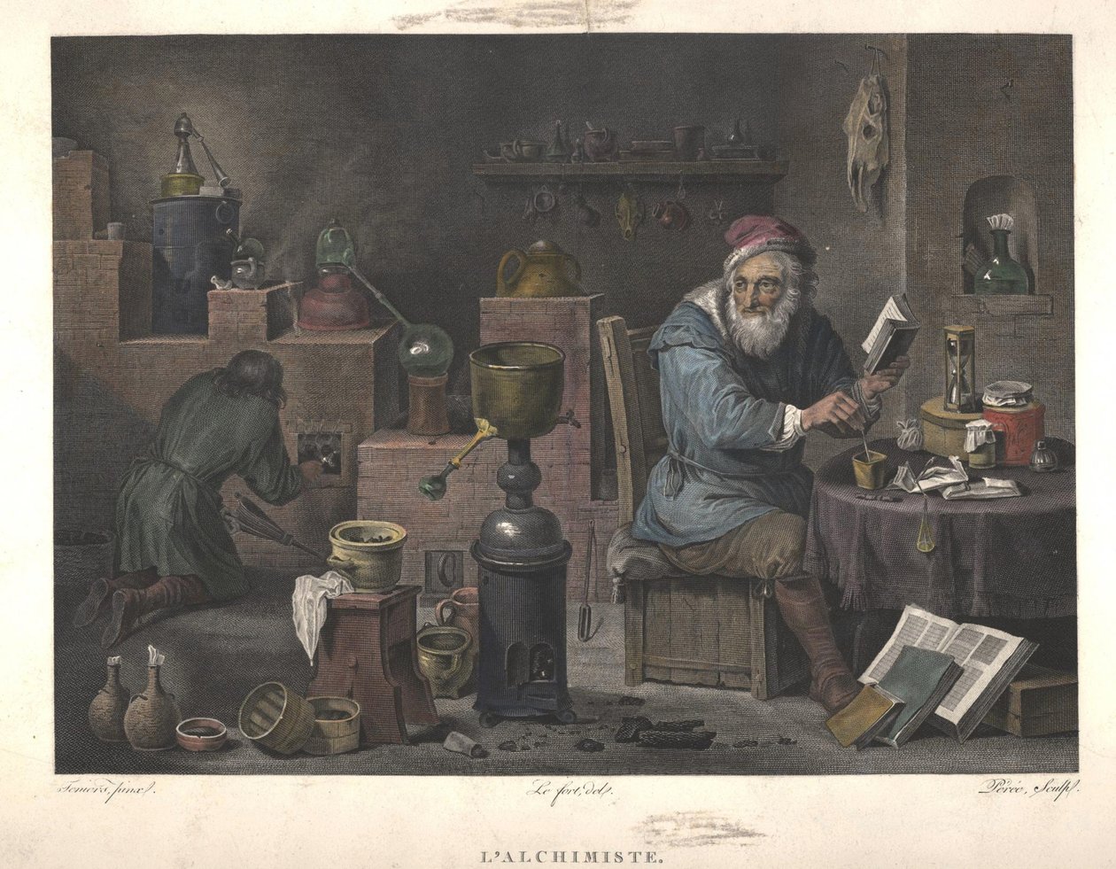 De Alchemist naar schilderij van David Teniers, eind 18e eeuw door Jacques Louis Perée