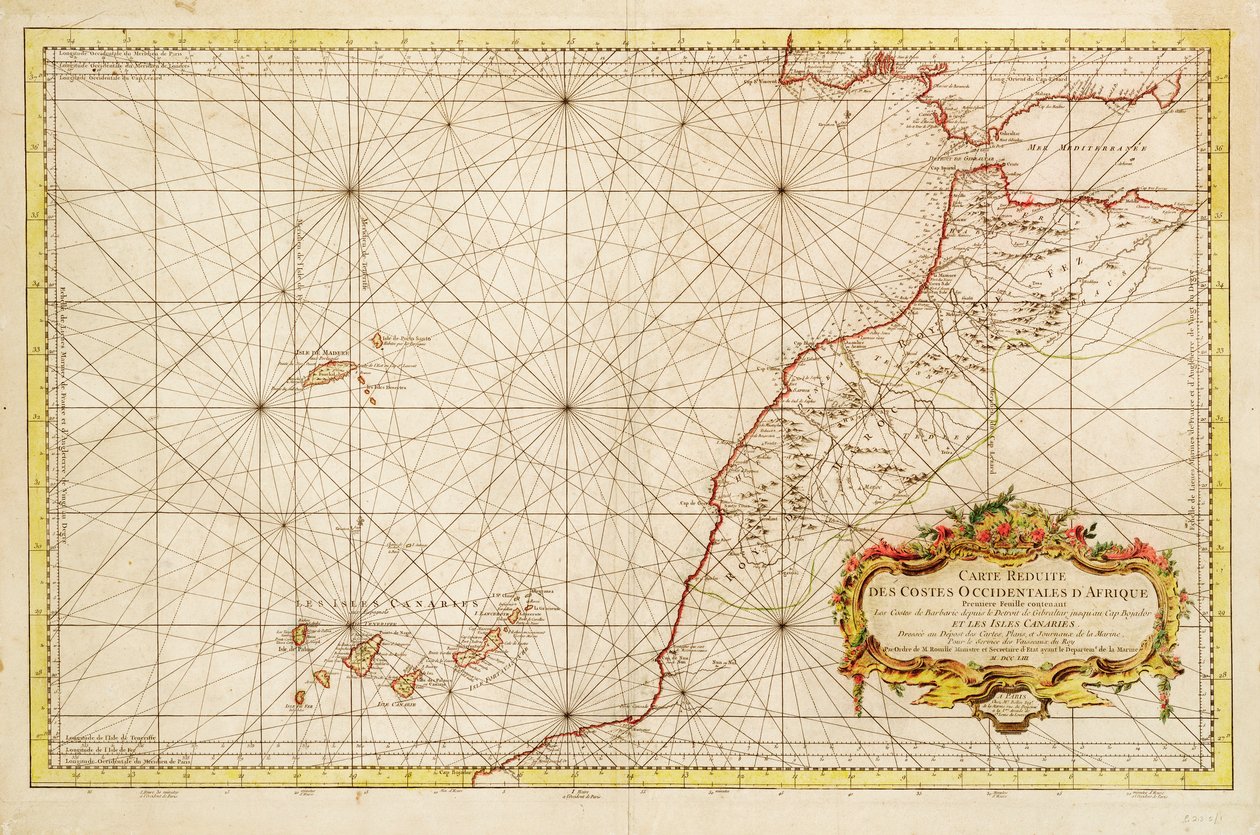 Kaart van de noordwestkust van Afrika, van de Straat van Gibraltar tot de Canarische Eilanden door Jacques Nicolas Bellin