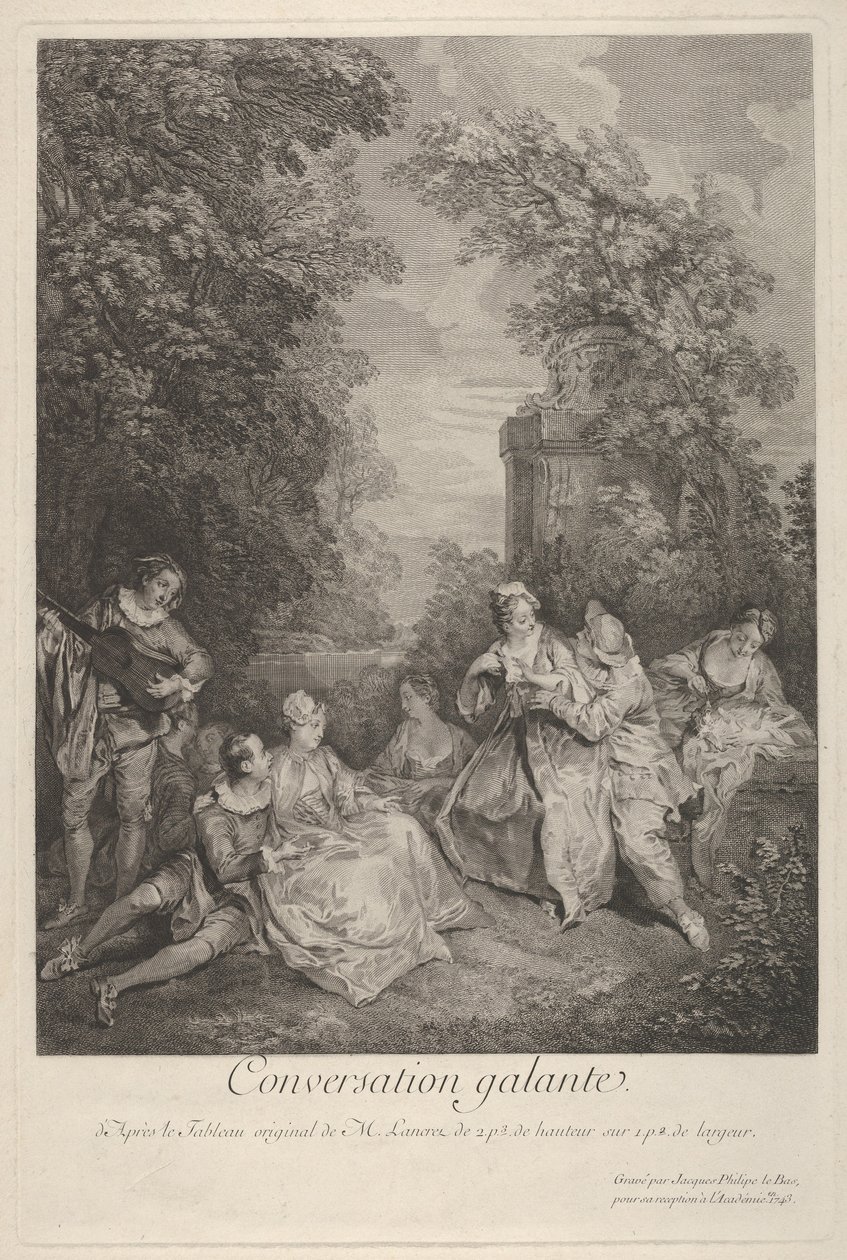 Galante conversatie: koppels in gesprek in een tuin, 1743 door Jacques Philippe Le Bas