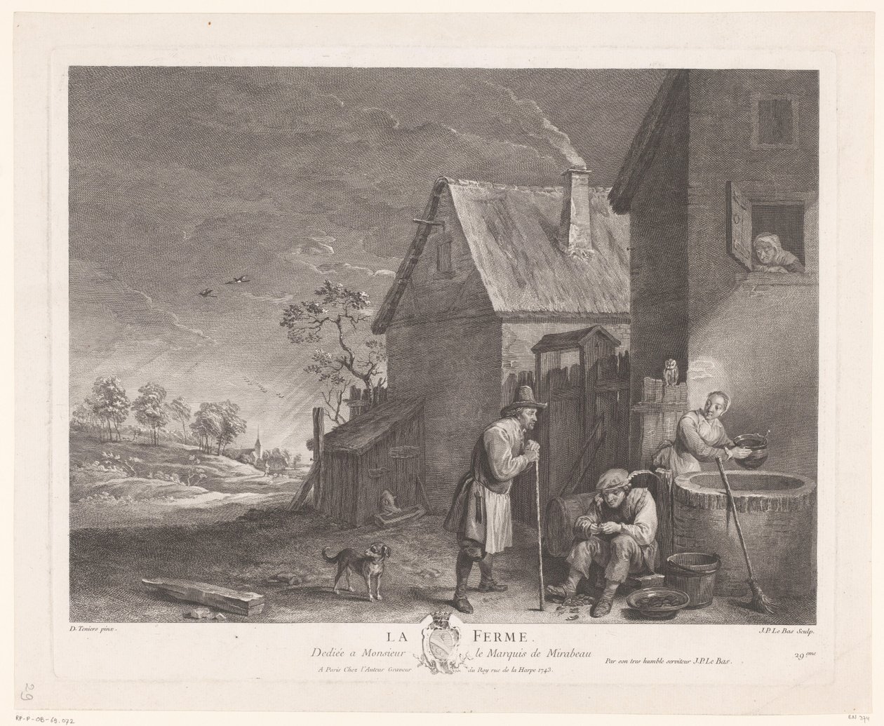 Twee mannen en een vrouw voor de put bij een boerderij door Jacques Philippe Le Bas