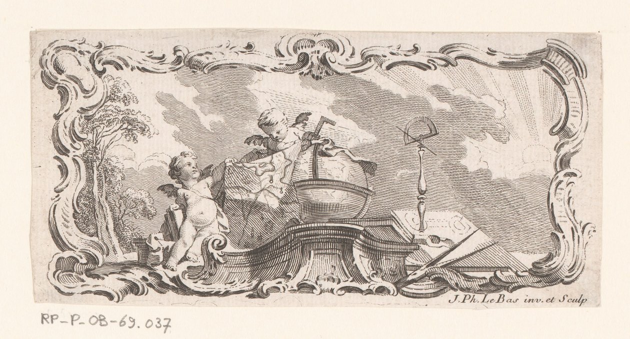 Vignet met twee putti met landkaart, globe en meetinstrumenten door Jacques Philippe Le Bas
