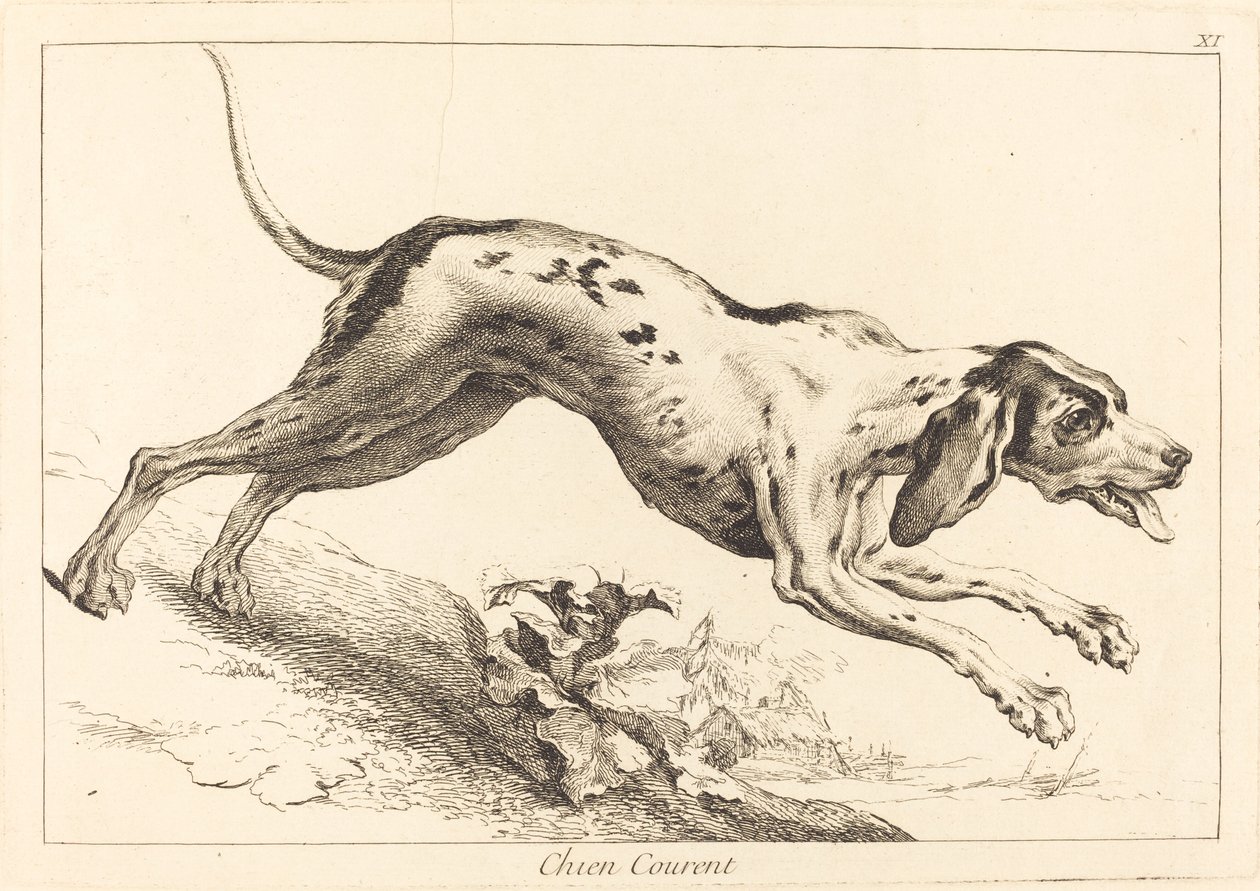 Rennende hond door Jacques Philippe Le Bas and Jean Eric Rehn after Jean Baptiste Oudry