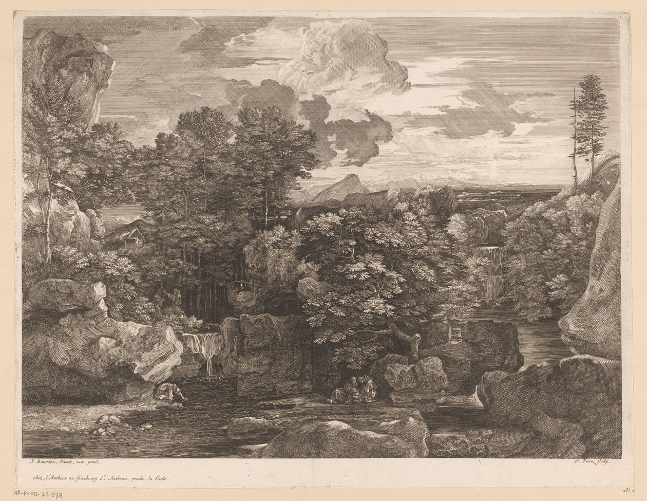 Rivierlandschap met cascades en enkele monniken door Jacques Prou