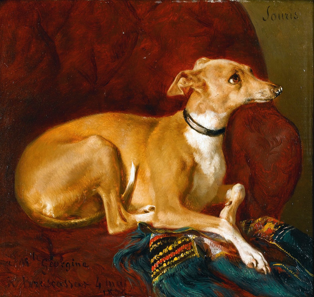 Een Greyhound rustend op een stoel door Jacques Raymond Brascassat
