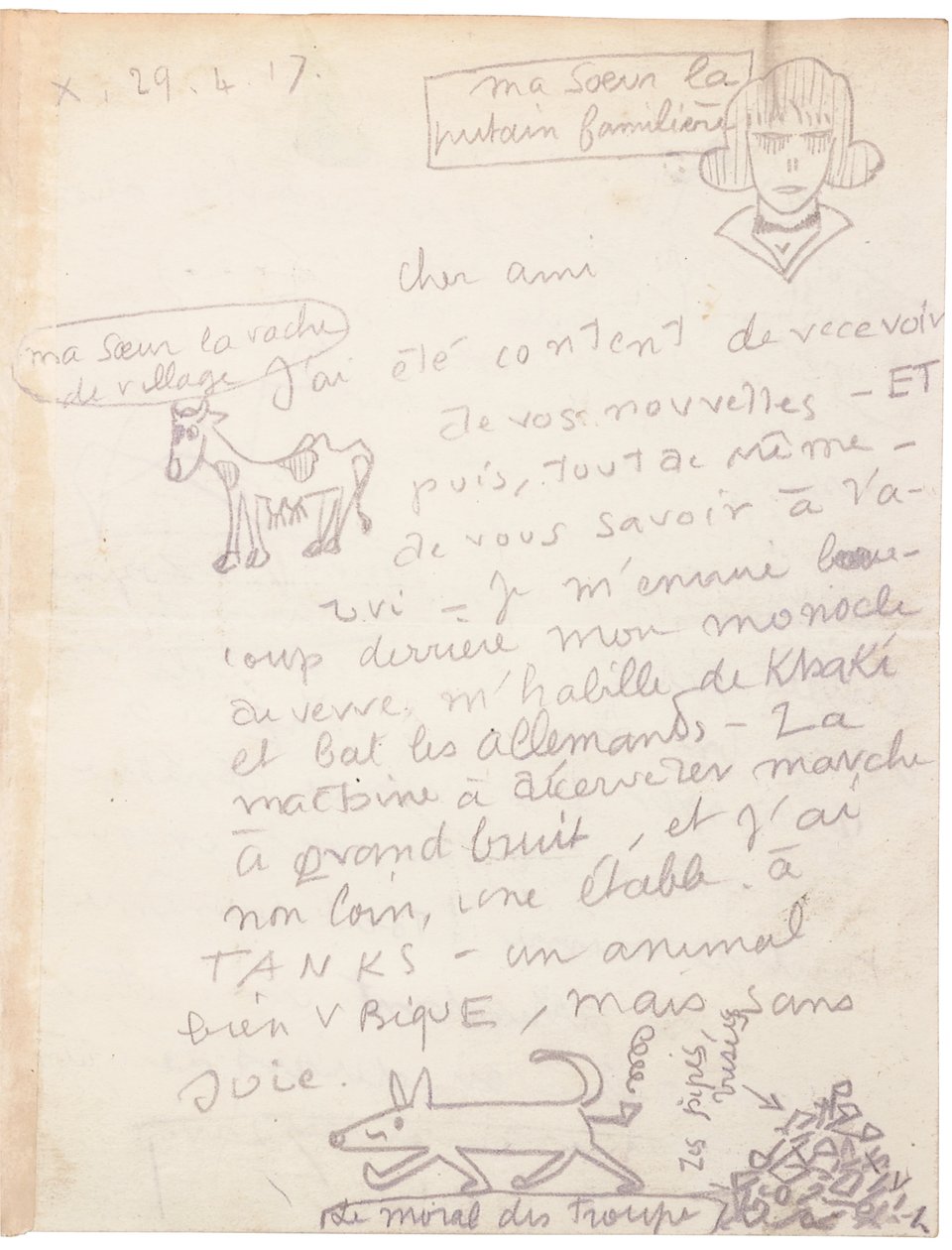 Handgeschreven brief met tekeningen door Jacques Vache