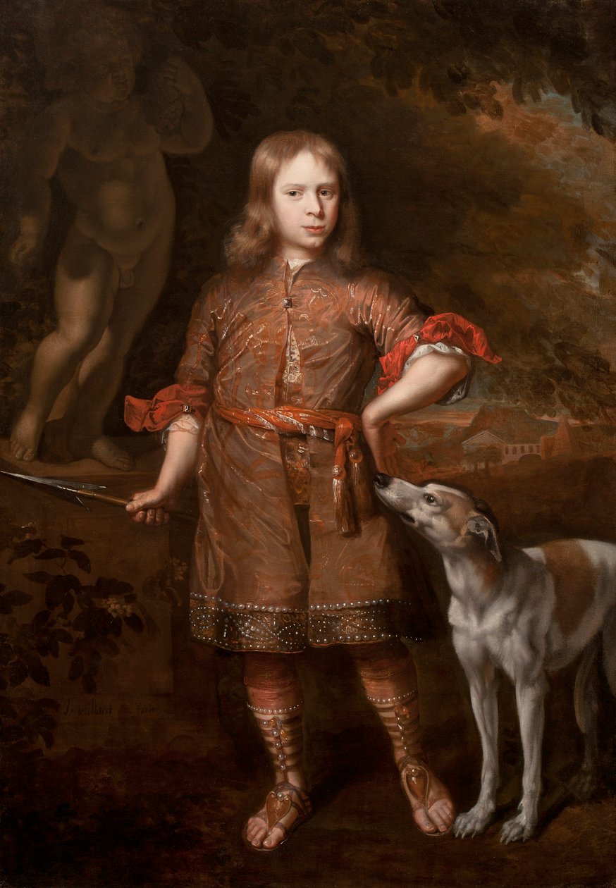Portret van een jongen als jager met een windhond, midden jaren 1670 door Jacques Vaillant