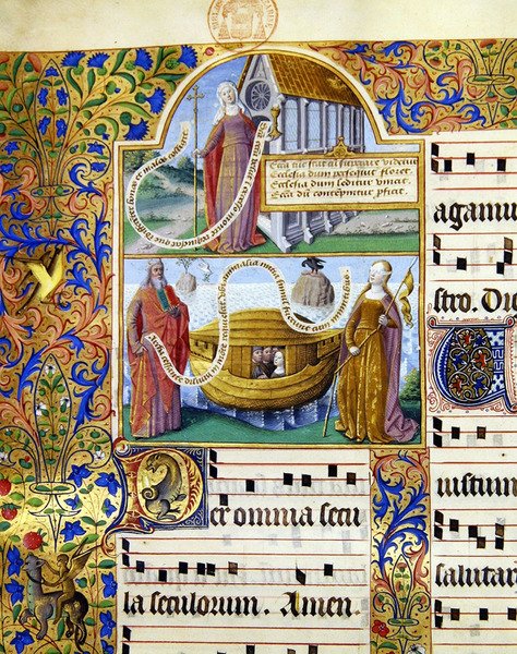 Miniaturen die een allegorische voorstelling van de Kerk tonen en daaronder Mozes met de stenen tafelen van de Wet met de Ark van Noach en een vrouw met geblinddoekte ogen die de 