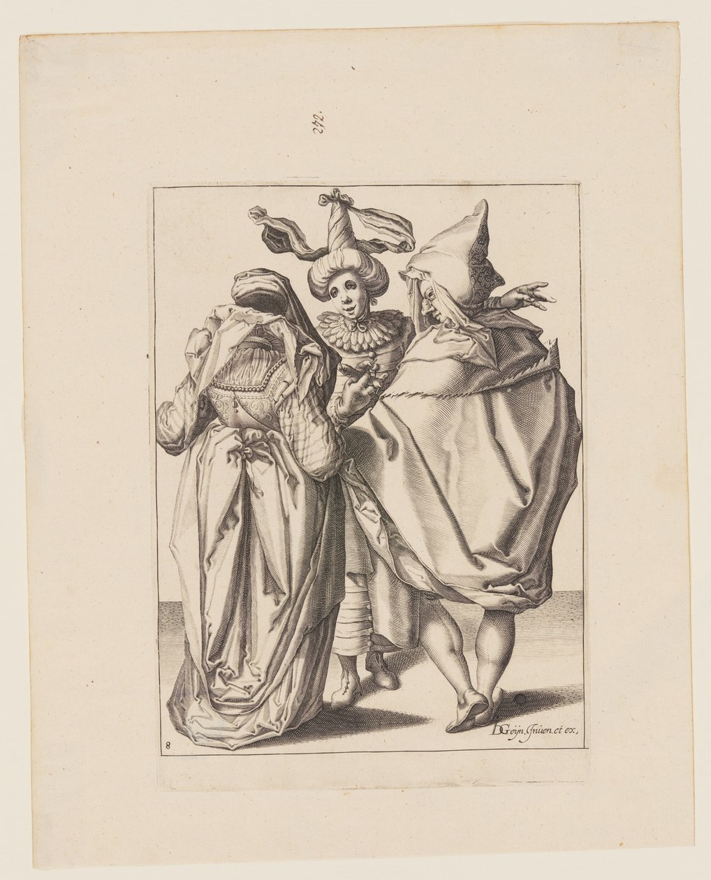 Een koppel richt zich tot een pratende jongeman, uit De maskerades door Jacques de Gheyn II