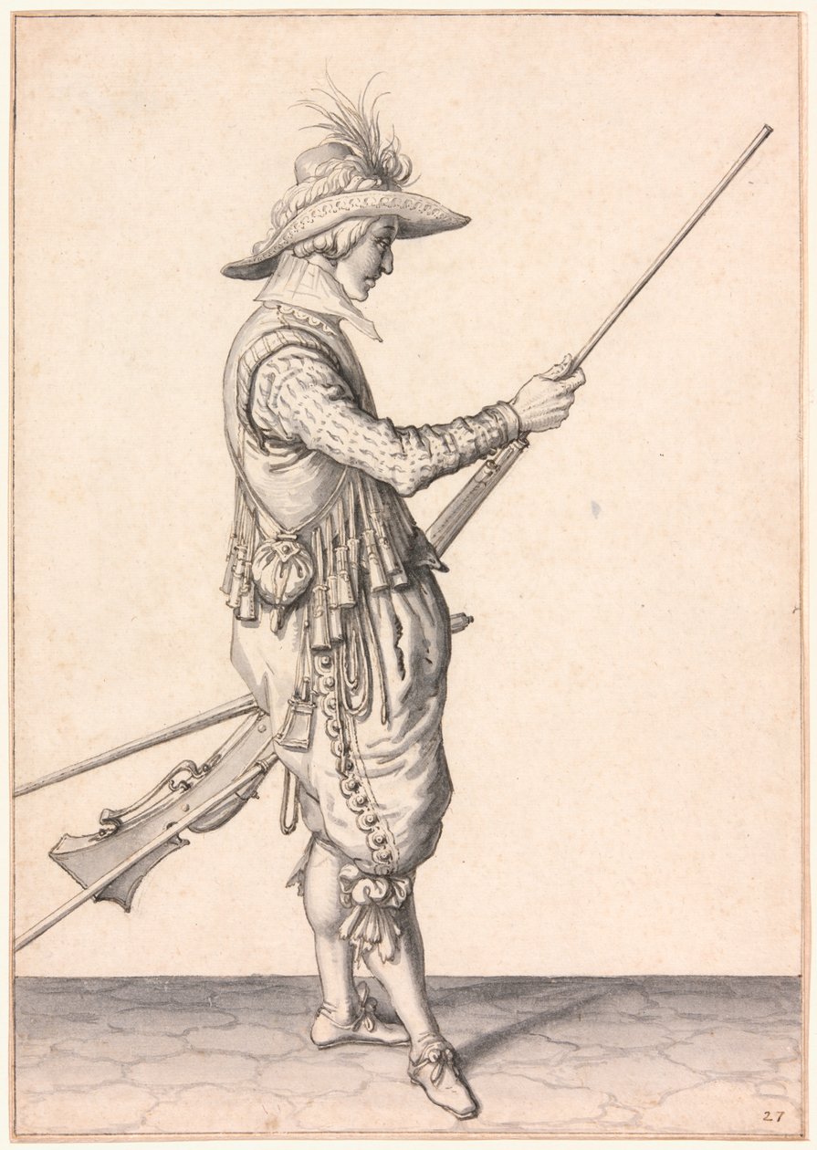 Een soldaat die een musket laadt, "Ramme in your Pouder". door Jacques de Gheyn II