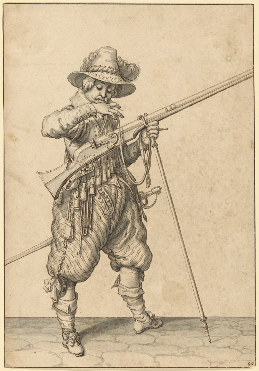 Een soldaat op wacht die de wedstrijd blaast door Jacques de Gheyn II
