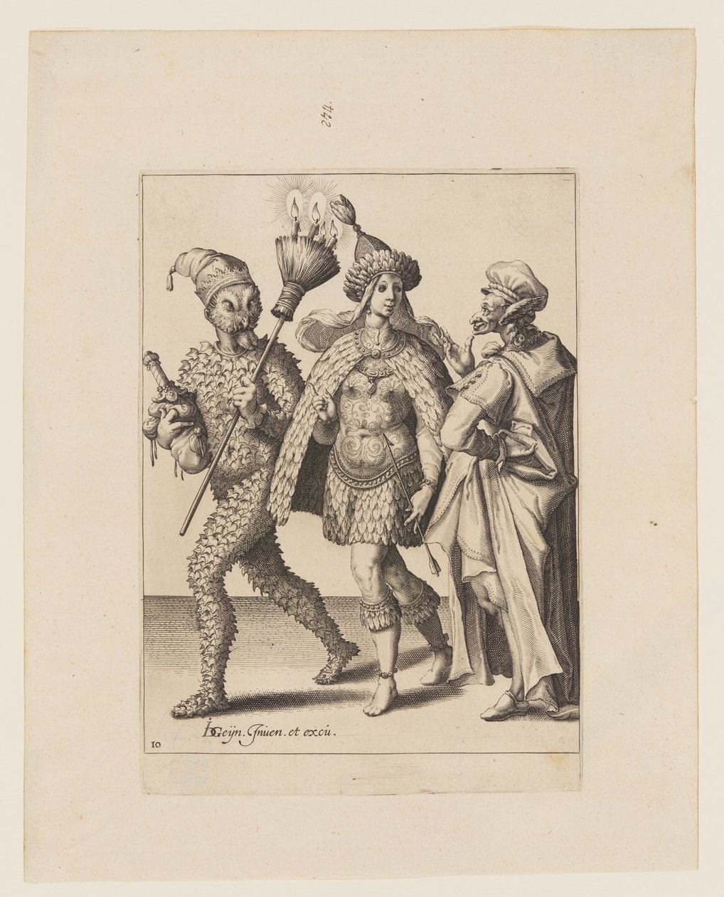 Een oude trommelaar richt zich tot een koppel gekleed in bladeren en vogelveren, uit De maskerades door Jacques de Gheyn II