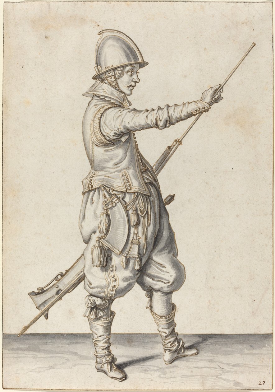 Elegant geklede soldaat die zijn caliver aanstampt door Jacques de Gheyn II