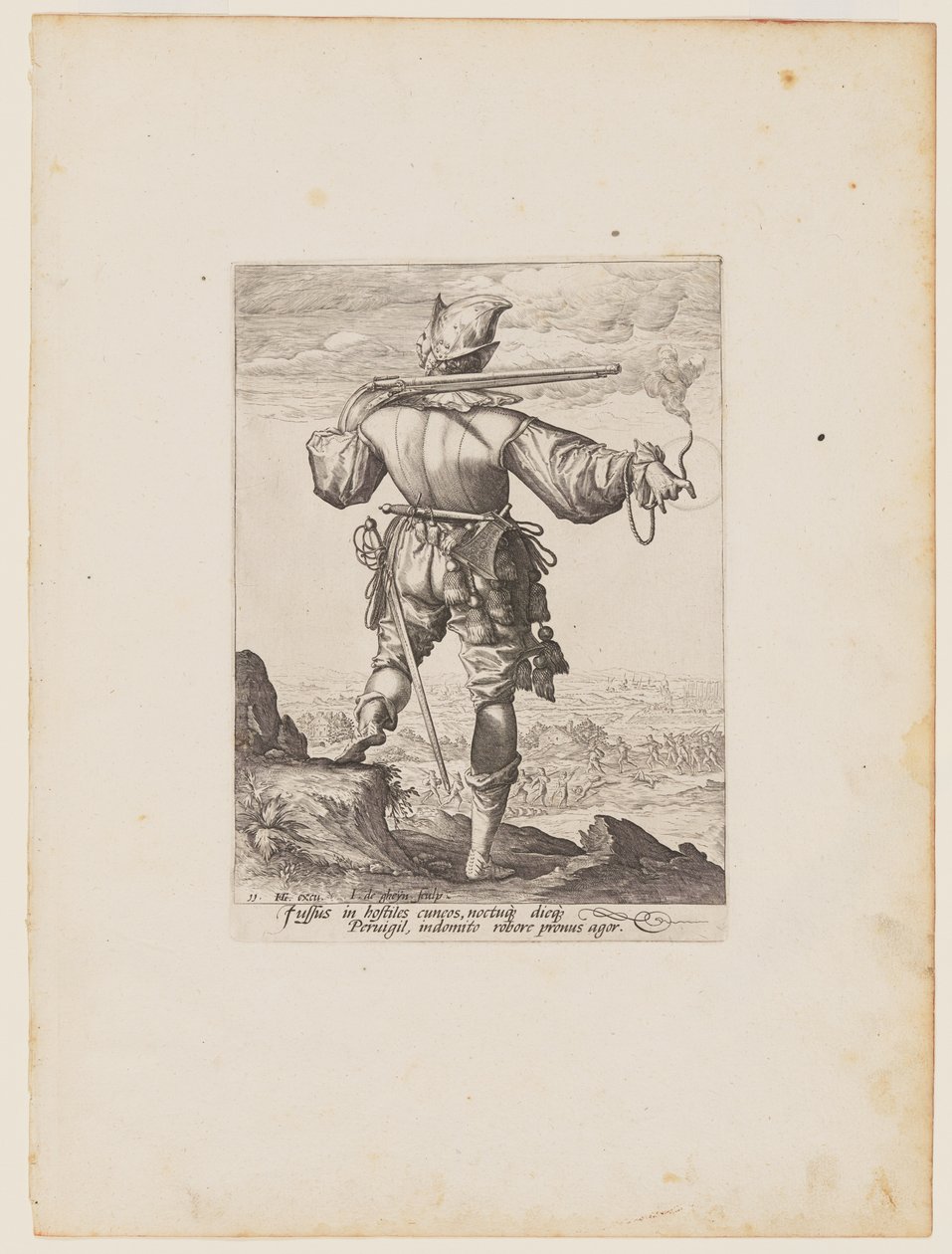 Musketier met helm, van officieren en soldaten van de lijfwacht van keizer Rudolph II door Jacques de Gheyn II
