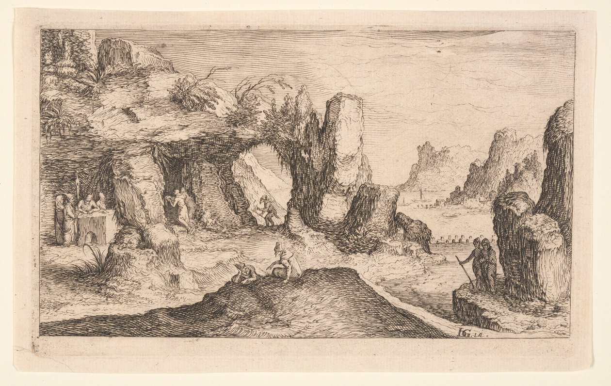 Landschap met een grot en kluizenaars, uit Landschappen door Jacques de Gheyn II