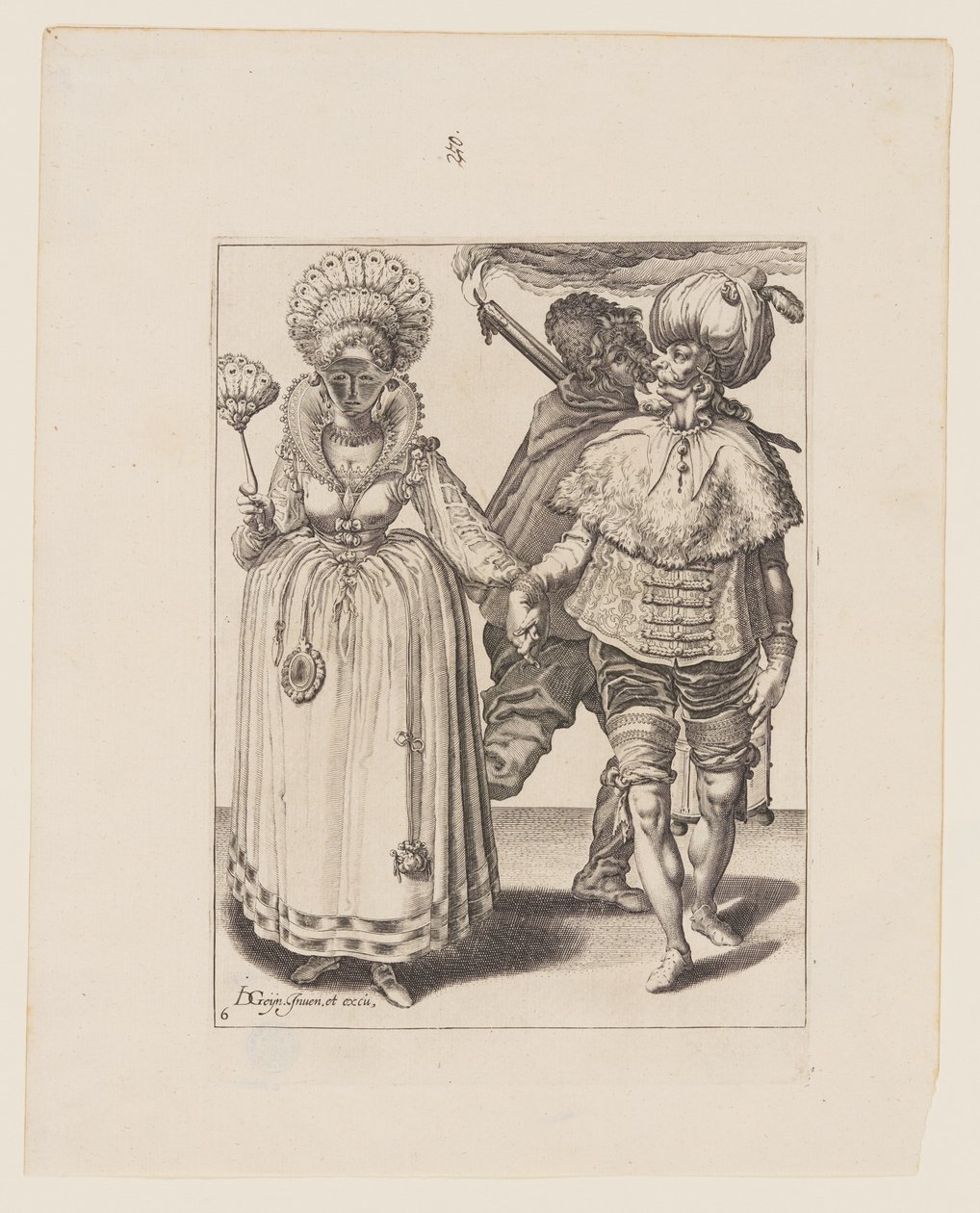 Man met tulband leidt een vrouw die pauwenveren draagt, achter hen een fakkeldrager, uit De maskerades door Jacques de Gheyn II