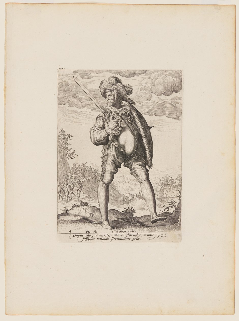 Soldaat, gewapend met slagzwaard en schild, van officieren en soldaten van de lijfwacht van keizer Rudolph II door Jacques de Gheyn II