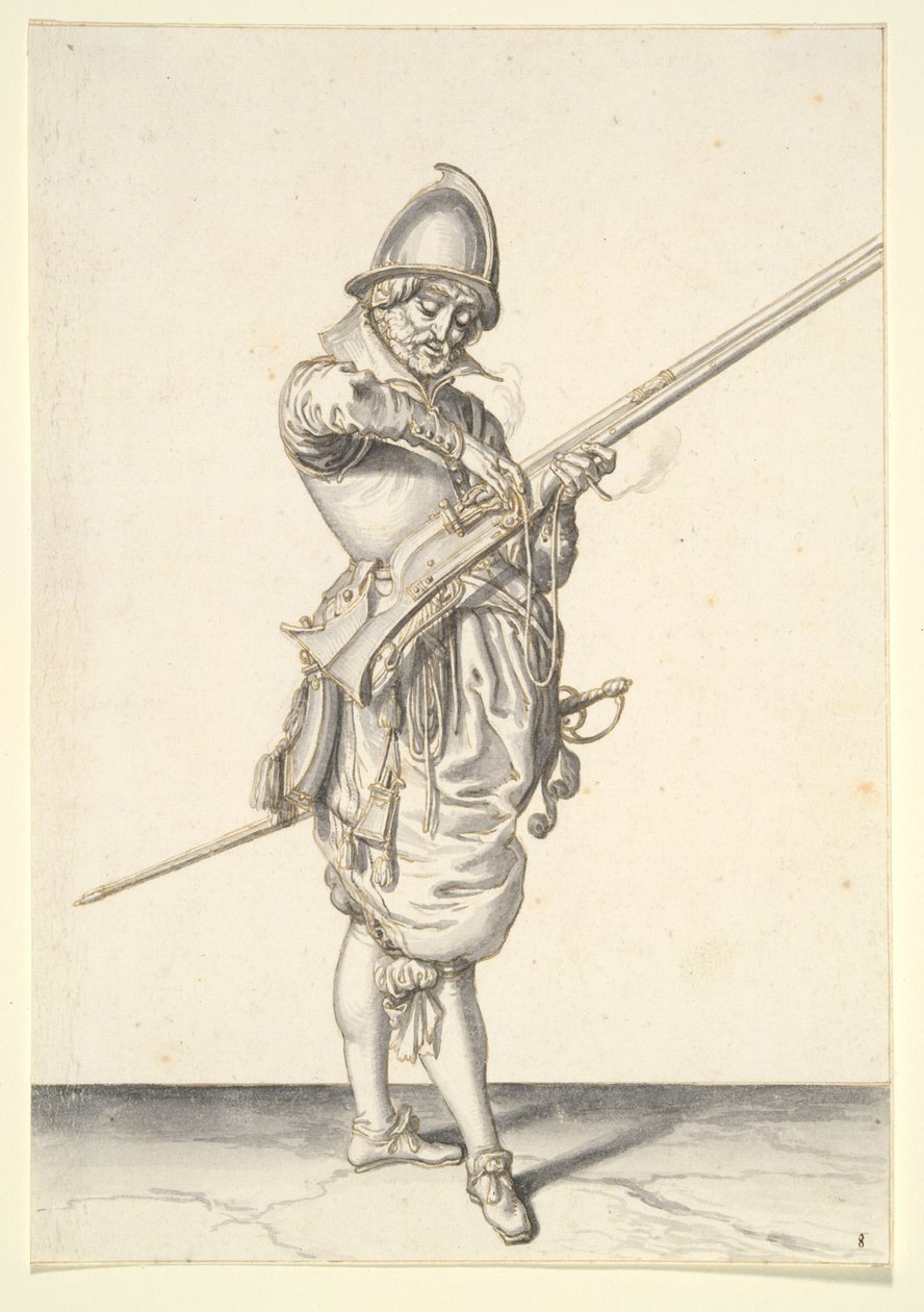 Soldaat die zich voorbereidt om een caliver af te vuren door Jacques de Gheyn II