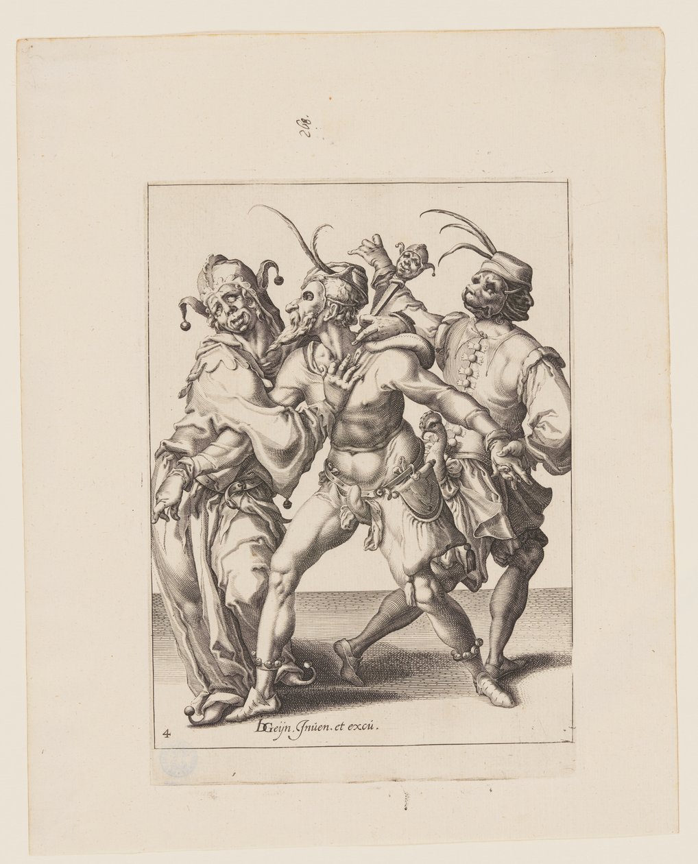 Drie dansende trommelaars en een nar, uit De maskerades door Jacques de Gheyn II