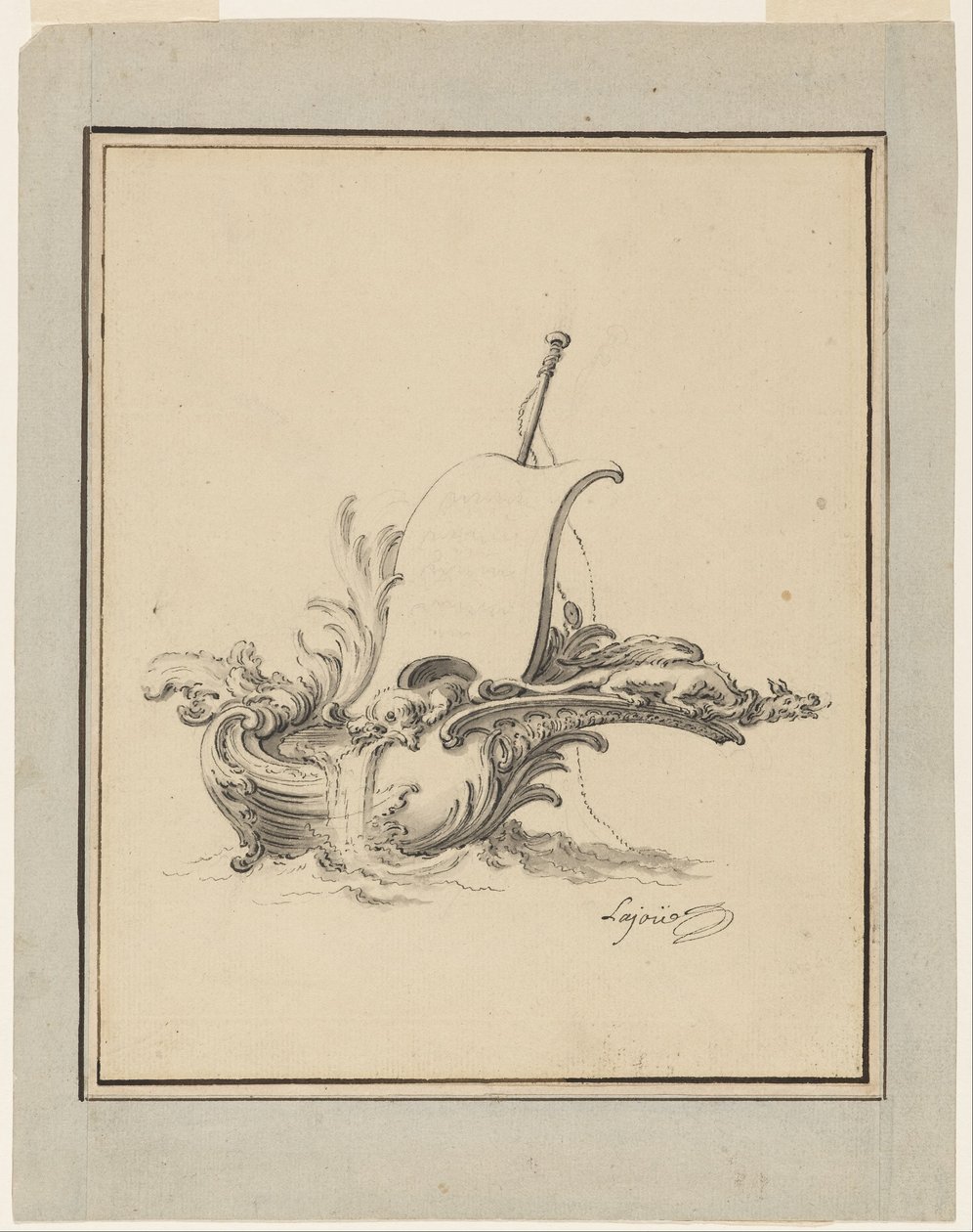 Ontwerp voor een wapenschild in de vorm van een boot met zeil, voor Recueil Nouveau de Differens Cartouches door Jacques de Lajoüe