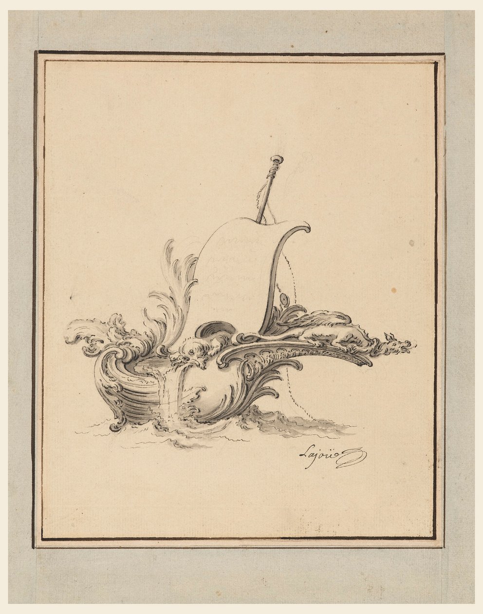 Tekening, Ontwerp voor een wapenschild in de vorm van een boot met zeil, voor Recueil Nouveau de Differens Cartouches, 1734 door Jacques de Lajoüe