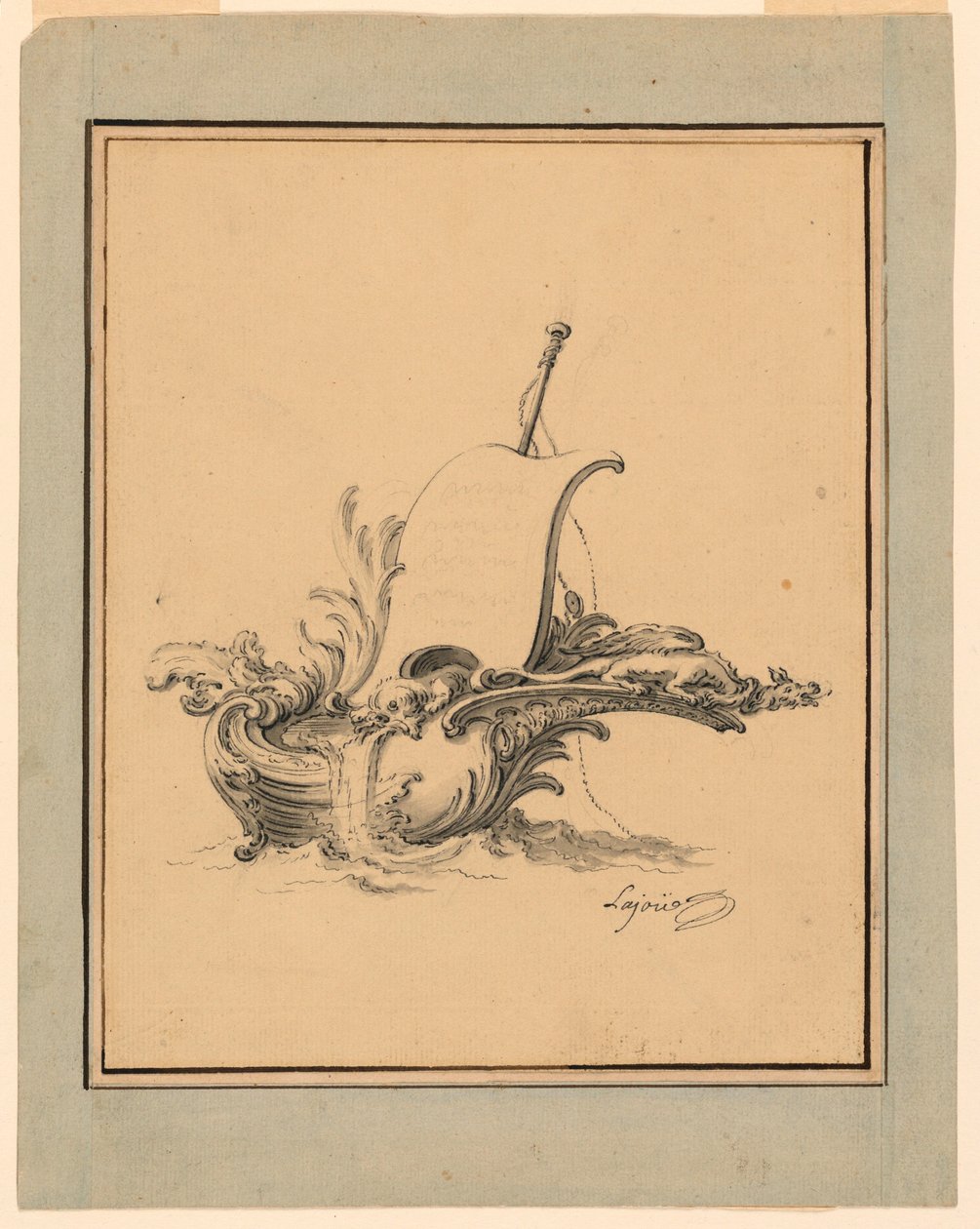 Tekening, Ontwerp voor een wapenschild in de vorm van een boot met zeil, voor Recueil Nouveau de Differens Cartouches, 1734 door Jacques de Lajoüe