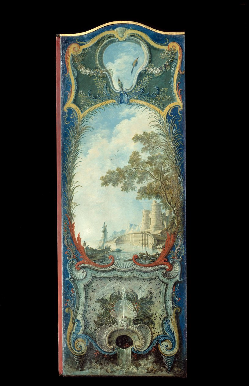 Meubilair: schilderij scherm op maroufle papier door Jacques de Lajoüe