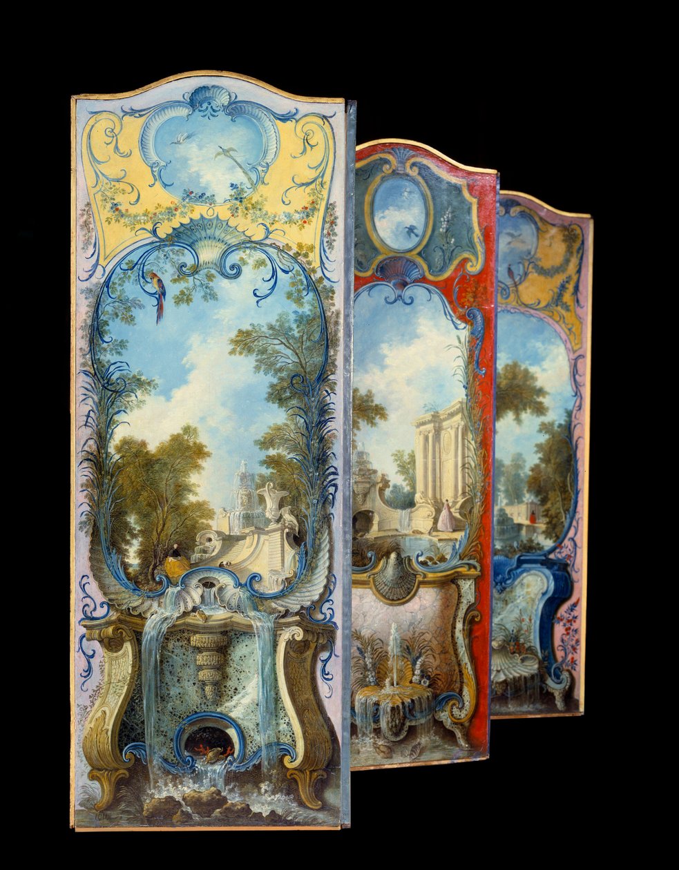 Meubilair: schilderijenscherm op marouflé papier door Jacques de Lajoüe