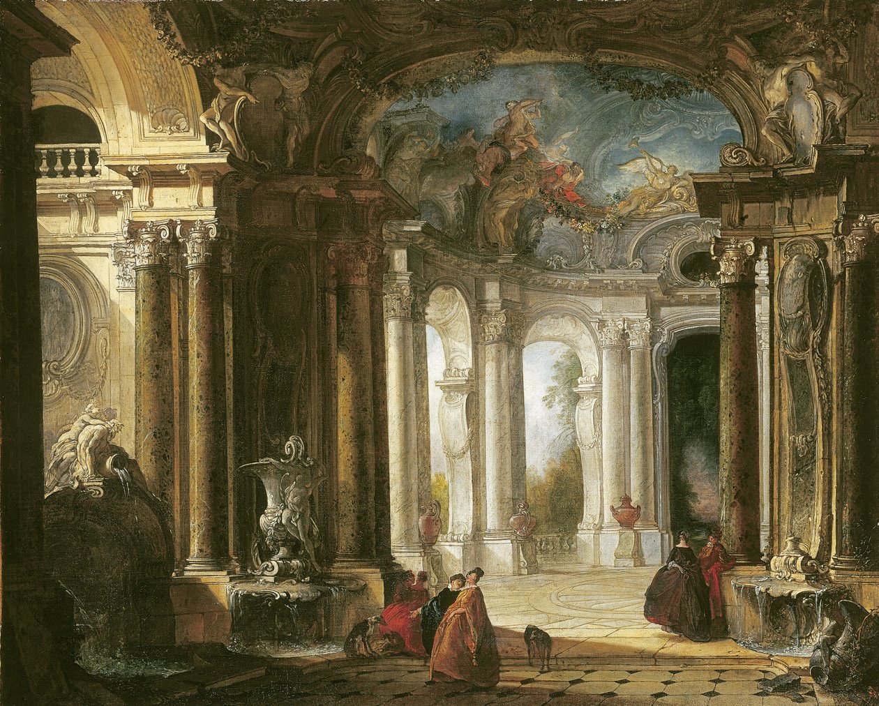 Het interieur van een Barok paleis met elegante gezelschap pratend bij fonteinen door Jacques de Lajoüe
