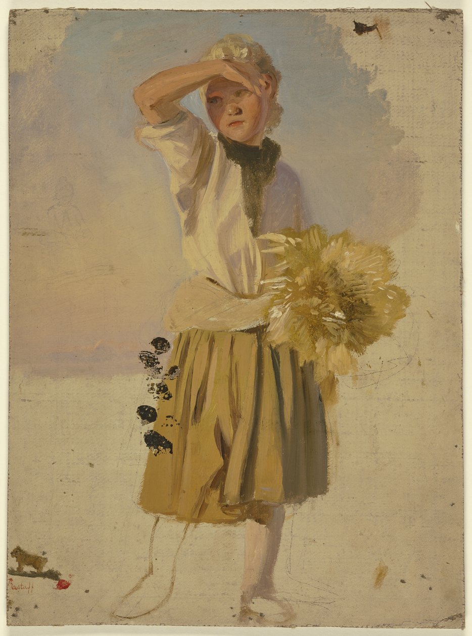 Boerenmeisje met een schoof, dat haar ogen tegen de zon beschermt door Jakob Becker