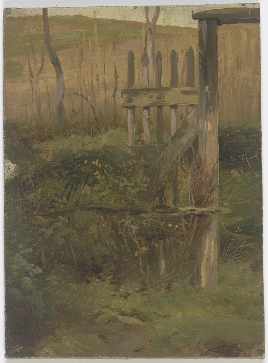 Tuinpoort die naar het veld leidt door Jakob Becker