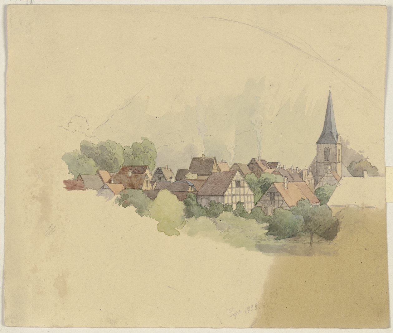 Dorp met kerk door Jakob Becker