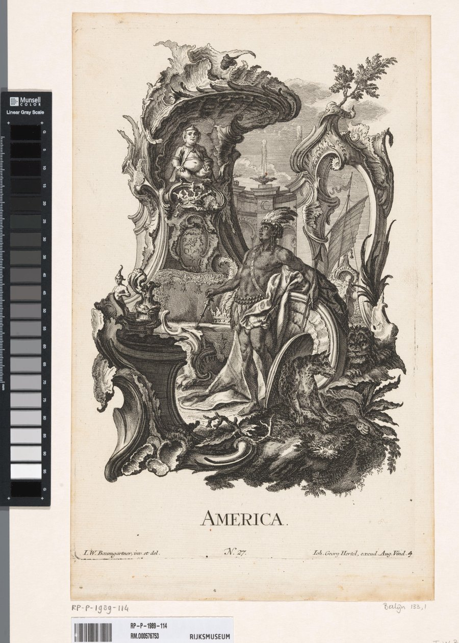 Rocaille met de personificatie van het werelddeel Amerika door Jakob Gottlieb Thelott