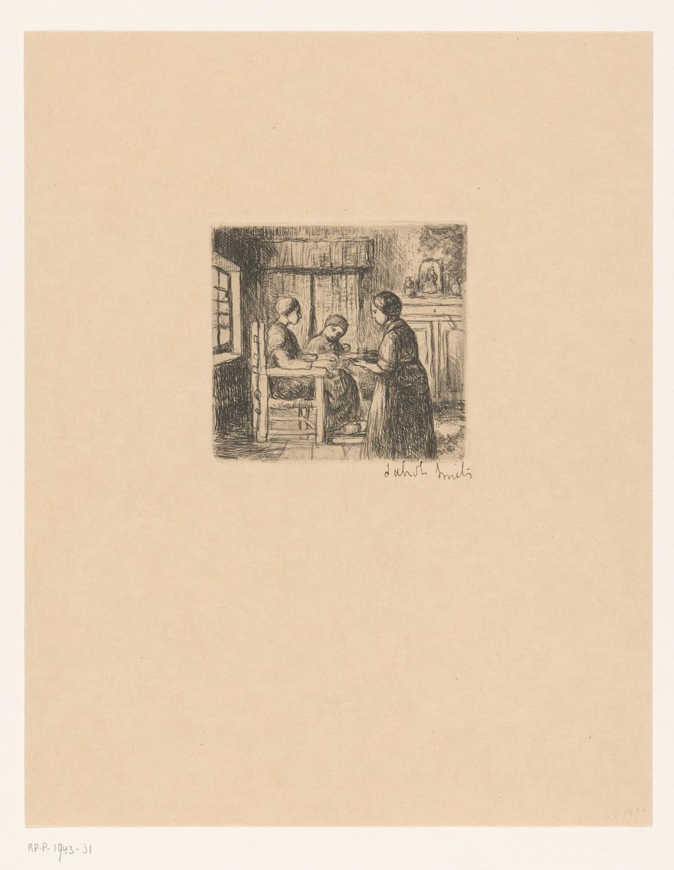 Interieur met drie mensen door Jakob Smits (signed by artist)