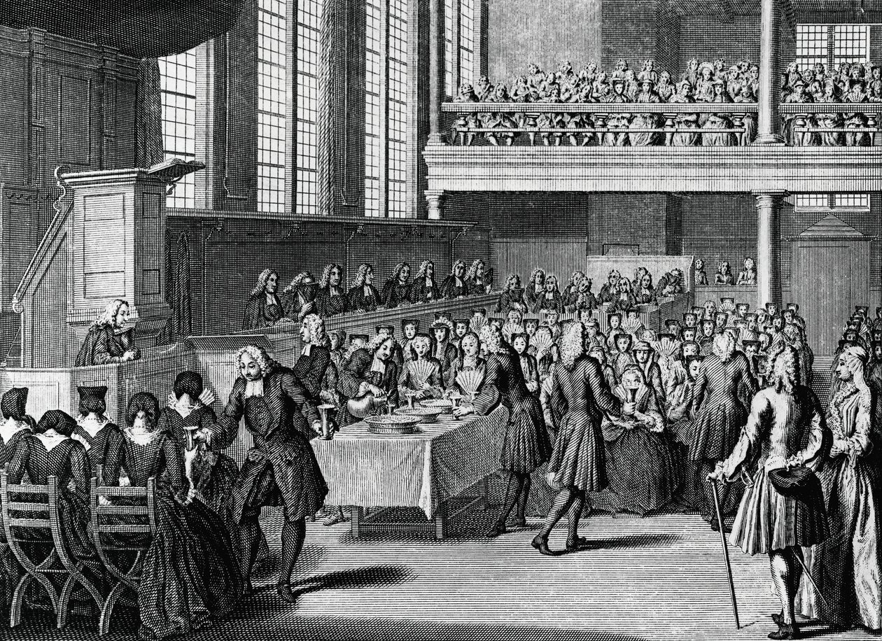Anabaptisten diner, gravure door Jacobus van der Schley (1715-1779) uit Religieuze Ceremoniën en Gebruiken van Alle Volkeren van de Wereld door Jakob van der Schley