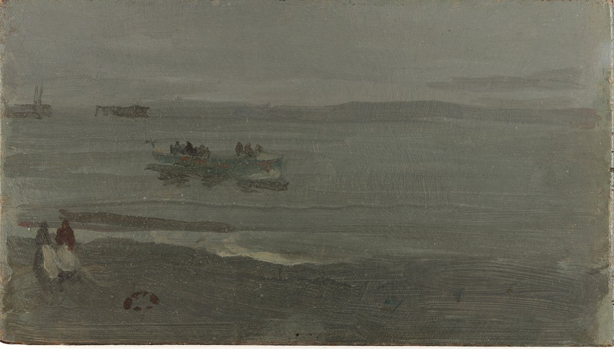 Blauw en Zilver - Boot die Pourville binnenkomt, 1899 door James Abbott McNeill Whistler