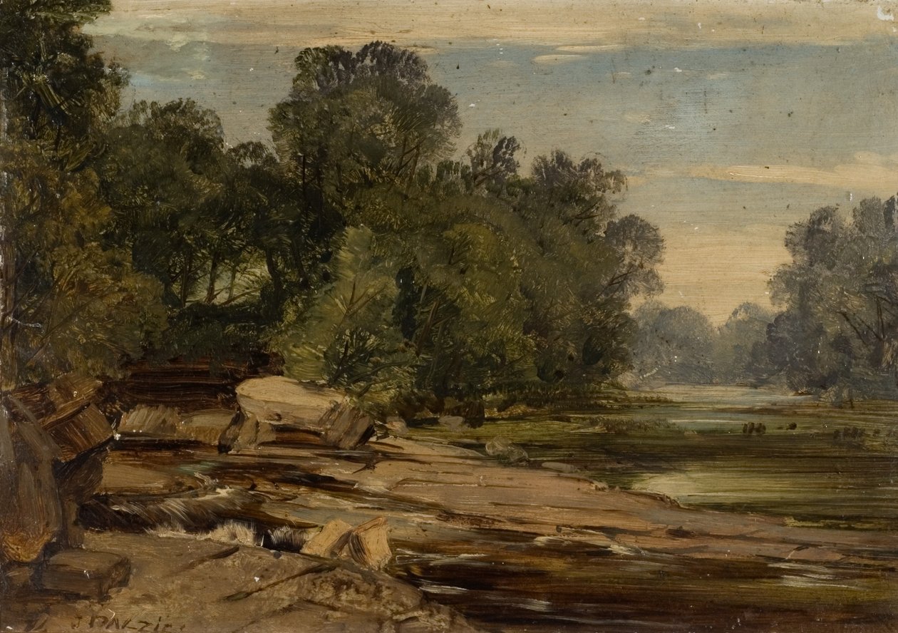 Rivierscène met rotsen en bomen door James B. Dalziel