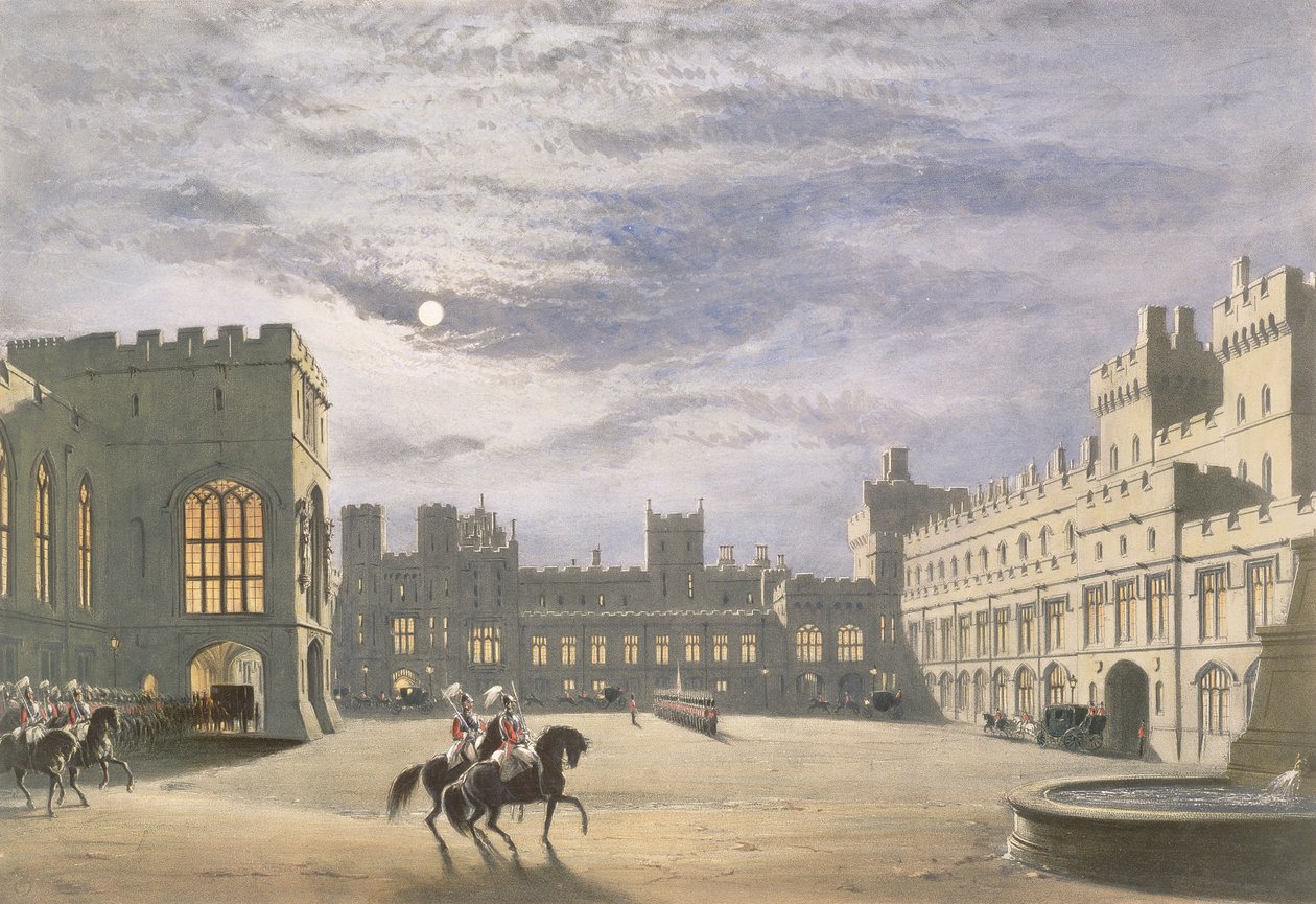 Staatsaankomst van een koninklijke bezoeker, de binnenplaats bij maanlicht, Windsor Castle, 1838 door James Baker Pyne