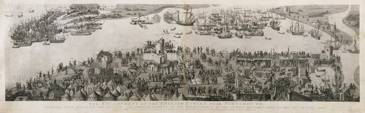 Het kampement van de Engelse troepen nabij Portsmouth tijdens de Slag om de Solent door James Basire
